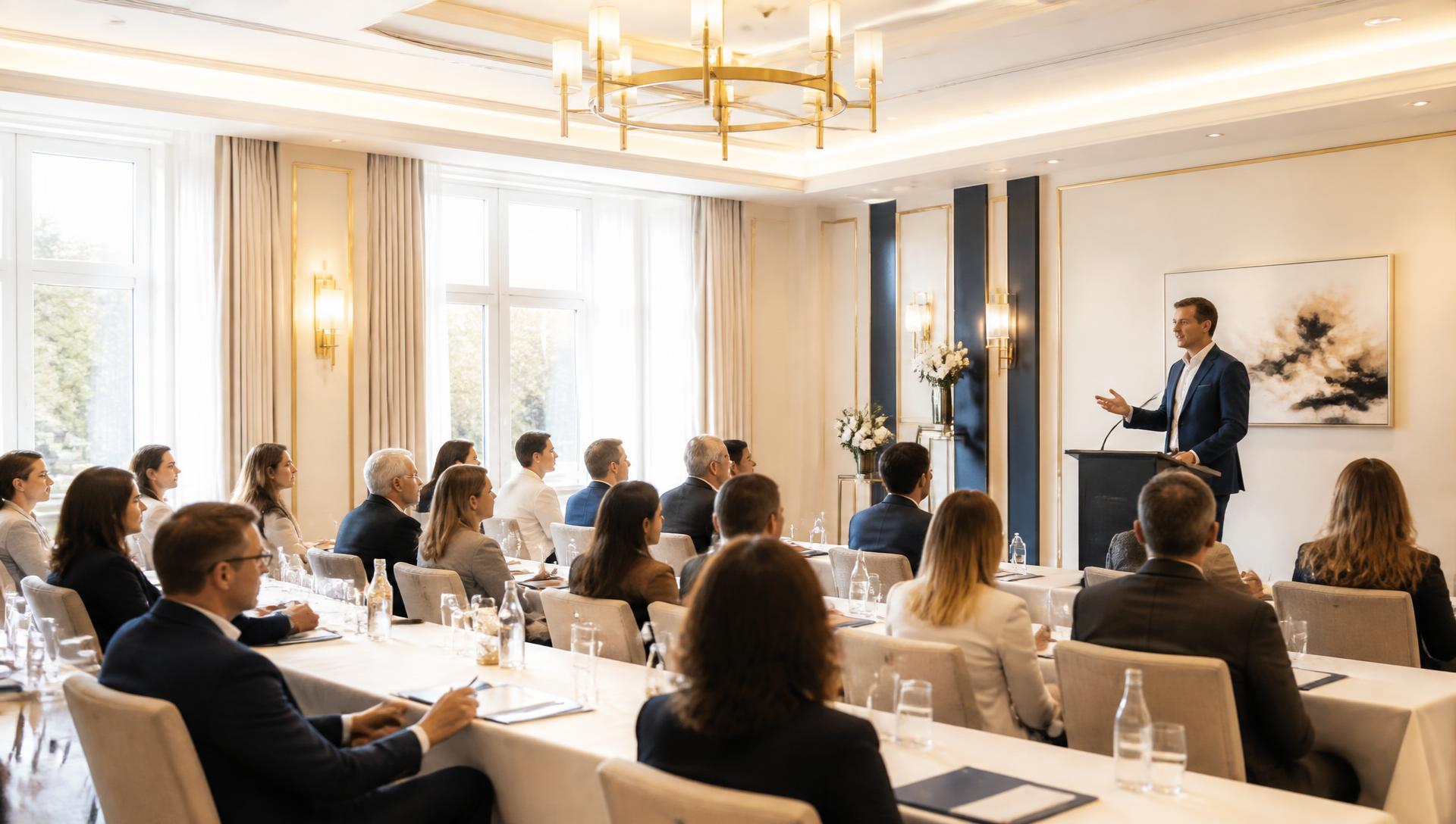 Kleiner, exklusiver Longevity-Kongress in einem hellen Hotel-Konferenzraum mit ausgewähltem Fachpublikum und Referent am Pult